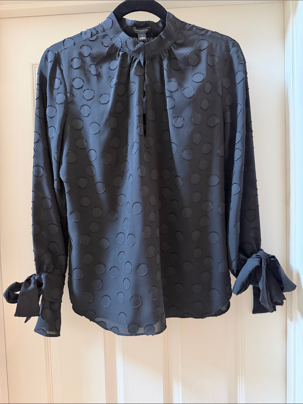 Ann Taylor Black Textured Dot Tie-Cuff Blouse